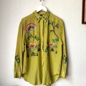 Vintage Green Silk Sequin Embroidered Rainbow Frog Button Up Top